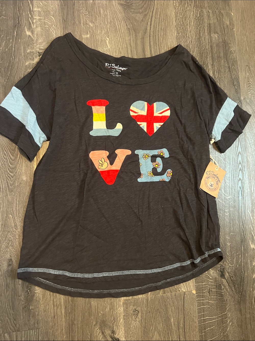 PJ Salvage Black 'LOVE' Graphic Tee with Blue Sleeve Accents Medium NWT